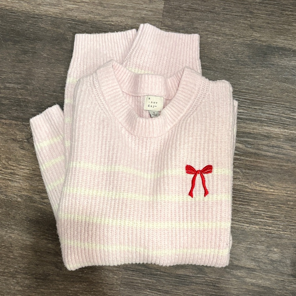 Light Pink Striped Sweater with Red Bow